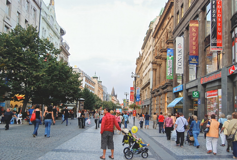 21 - Na Příkopě street, a famous and upscale pedestrian shopping boulevard in central Prague, Czech Republic, connecting Wenceslas Square with Republic Square
